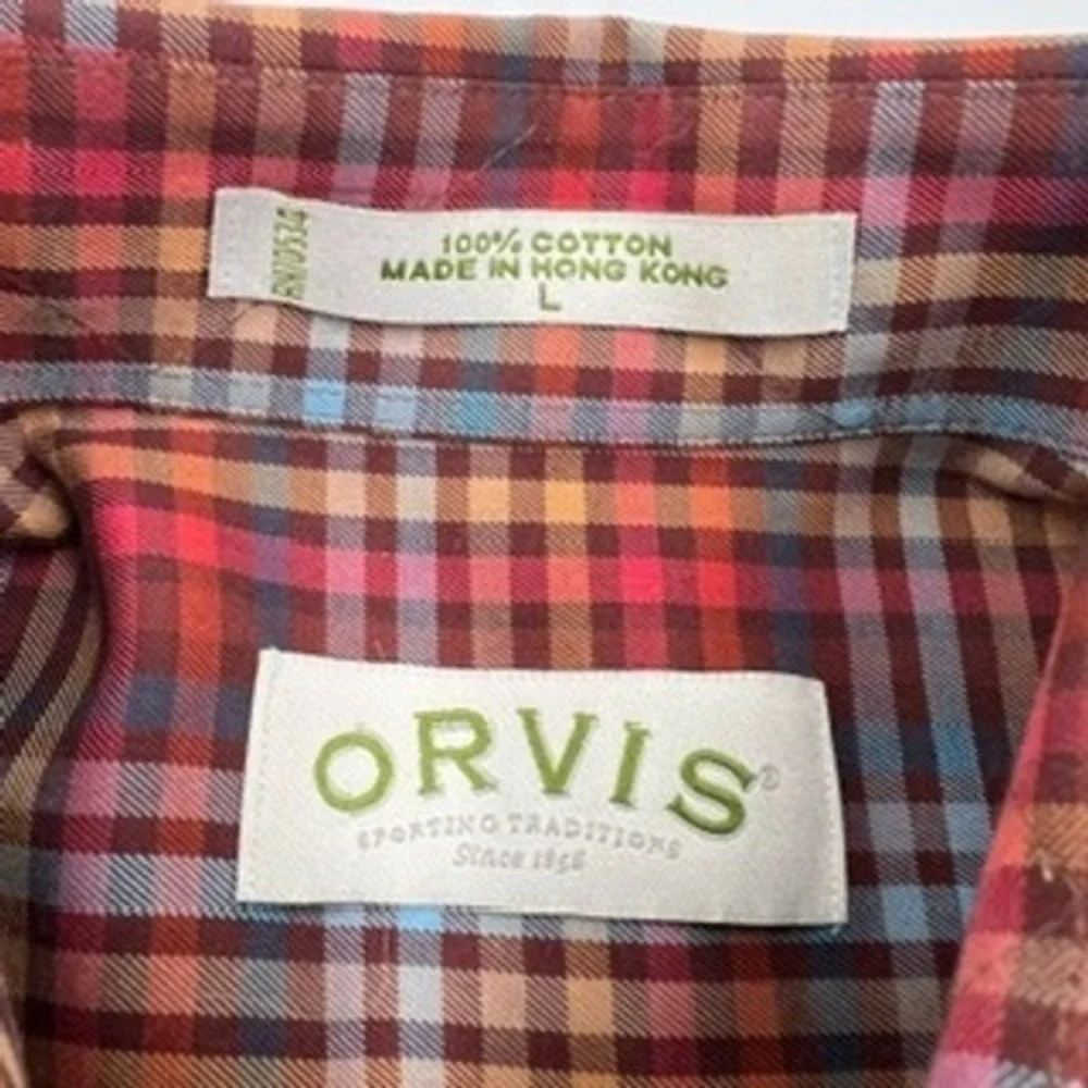 Orvis Mens Large Plaid Button Down Shirt Red Blue Orange Cotton Long Sleeve L‎